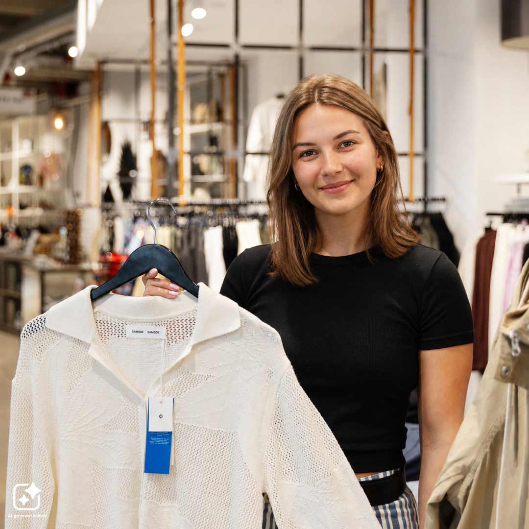 Employee from Bahne in Frederiksberg stands next to a white shirt.